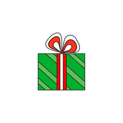 illustration. Green striped box with red-white ribbon. Festive gifts. Multicolored boxes with bows.