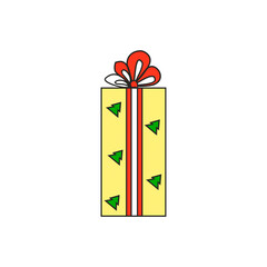 illustration. Festive gifts. A yellow box with Christmas trees with a red ribbon. Multicolored boxes with bows.