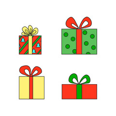illustration. Set of holiday boxes. Red, yellow, green colors. Gift boxes. Presents. Festive gifts. Multicolored boxes with bows.