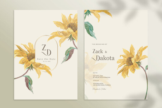 Vintage Wedding Invitation Template with Sun Flower