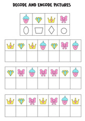 Decode and encode pictures. Write the symbols under cute elements.