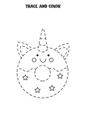 Trace and color cute unicorn doughnut. Worksheet for girls.