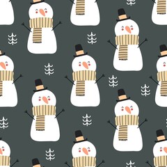 holiday seamless pattern with snowman, christmas tree, decorative elements. Colorful vector, flat style. hand drawing. design for fabric, print, wrapper