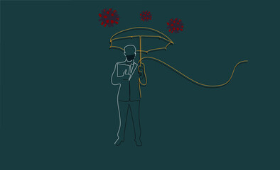 In business life business people take measures to protect themselves during the coronavirus pandemic. protect yourself from the virus at work. Masked man holding an umbrella.