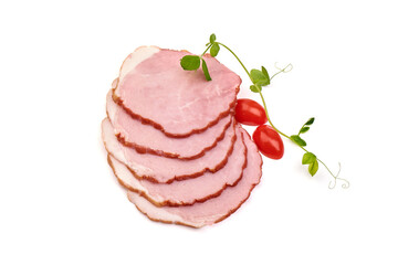 Cold smoked pork loin slices, isolated on white background.