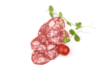 Cured salami sausage slices, isolated on a white background.