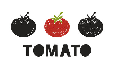 Tomato, silhouette icons set with lettering. Imitation of stamp, print with scuffs. Simple black shape and color vector illustration. Hand drawn isolated elements on white background - 474184365