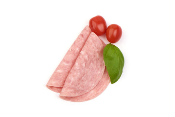 Twisted salami slices, isolated on white background.