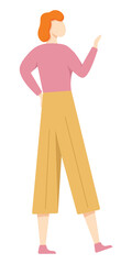 a woman with raised arms, painted in a flat style, with wavy hair and in bright clothes, a pink sweater and yellow cropped pants. Vector illustration