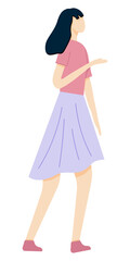 a woman with her hand raised, painted in a flat style, with wavy long hair and in bright clothes, pink T-shirt and lilac skirt. Vector illustration