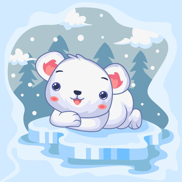 Cartoon cute polar bear relaxing on ice cube isolated on north pole background
