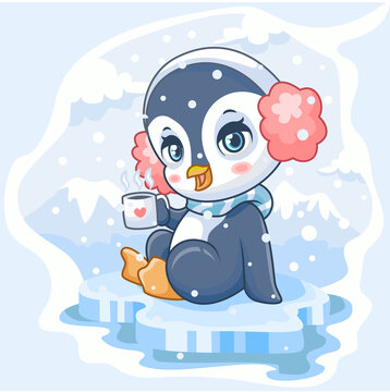 Cartoon cute penguin sitting drinking coffee on ice cube isolated north pole view