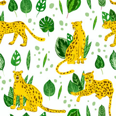 Seamless pattern on an isolated white background with leopards and tropical leaves. Bright design for textiles.