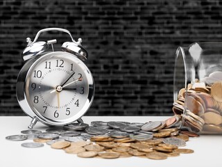 money background, coins and alarm clock on the table, concept of bank deposits,