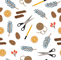 Seamless pattern of zero-waste, eco-friendly packaging gifts. Nature decor, and tools for decoration. Spruce twig, cinnamon stick, orange slice, cone, threads, scissors, pencil, berries.