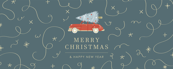 Web banner cute design illustration with blue background, beige sparkles stars, confetti, car with Christmas tree with Merry Christmas and happy new year sign - 474186508