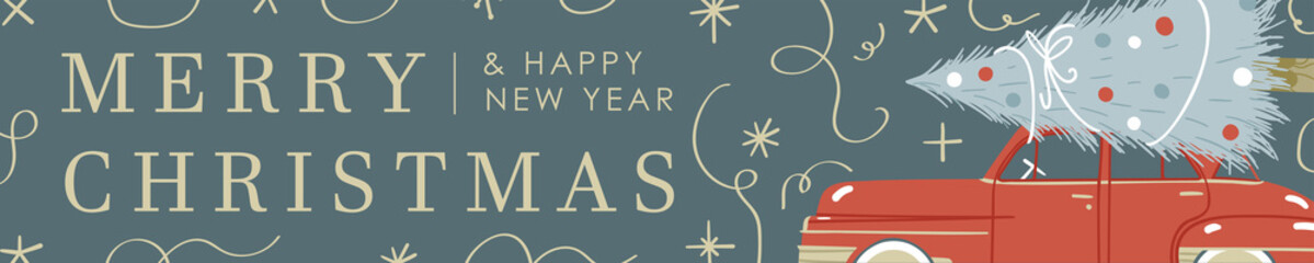 Web banner cute design illustration with blue background, beige sparkles stars, confetti, car with Christmas tree with Merry Christmas and happy new year sign - 474186533