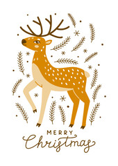 Christmas greeting card with cute deer isolated on white background 2