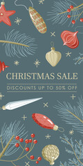 Web banner cute design illustration with blue background, beige sparkles stars, tree toys, coniferous branches with Sale Discounts up to 50% off sign - 474186557