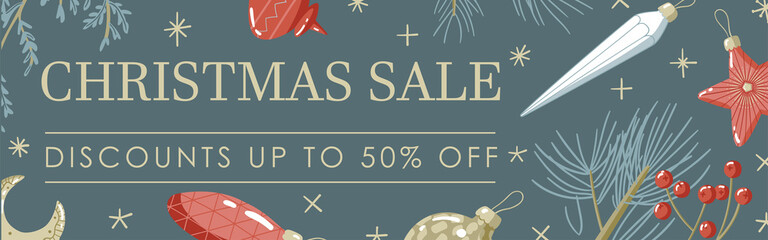 Web banner cute design illustration with blue background, beige sparkles stars, tree toys, coniferous branches with Sale Discounts up to 50% off sign - 474186582