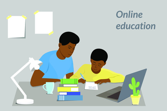 A man and a boy are sitting at a table in front of a laptop, dad helps son with lessons, vector image, online education