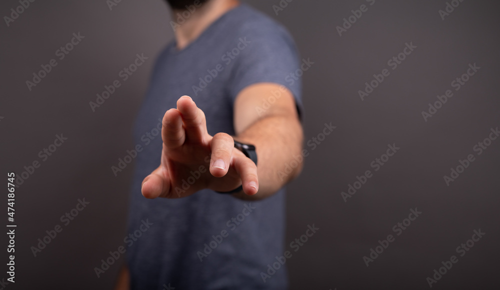 Poster businessman pointing or touching finger in screen..