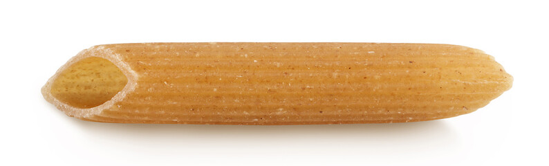 Wolegrain penne pasta from durum wheat isolated on white background with clipping path and full depth of field.