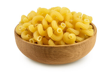 raw pasta cavatappi in wooden bowl isolated on white background with clipping path and full depth of field.