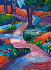 Abstract landscape with a fantasy forest and multicolored river
