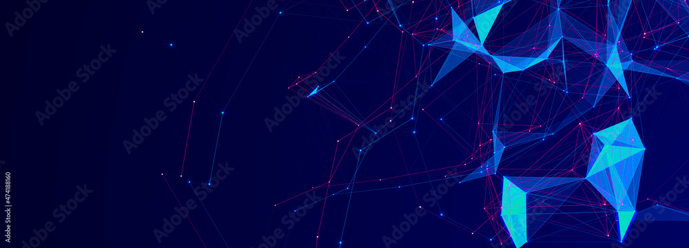 Fototapete Futuristic composition on dark background. Colored pattern of connection dots and lines. Technology Banner. 3D