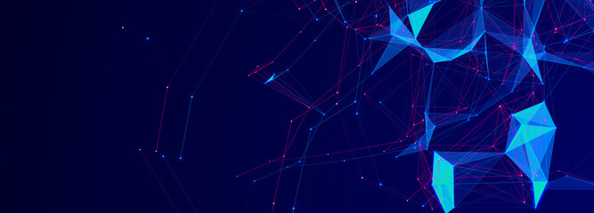 Futuristic composition on dark background. Colored pattern of connection dots and lines. Technology Banner. 3D