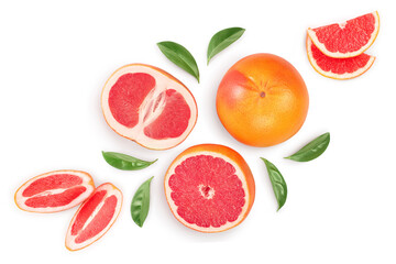 Grapefruit and slices with leaves isolated on white background. Top view. Flat lay. With clipping path and full depth of field