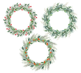 watercolor hand-drawn holiday wreaths. New Year's wreaths of green branches of spruce, pine, leaves, berries, eucalyptus. For greeting cards, invitations, festive decoration
