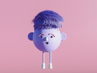 3d render of funny cute cartoon character with funny hair style. Socked or surprised face expression. very peri color of the 2022 year