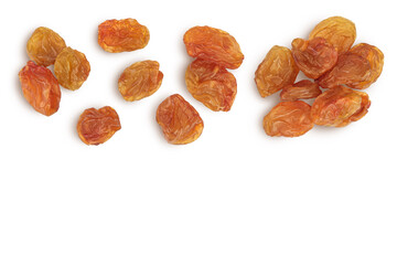 Brown raisin isolated on white background with clipping path. Top view with copy space for your...