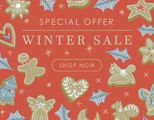 Web banner cute design illustration with red background, beige sparkles stars, cookies, holly leaves with Special offer Winter sale Shop now button sign - 474188910