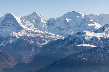 view from mountain Niederhorn to mountain peaks Eiger, Moench and Jungfrau in the bernese alps,...