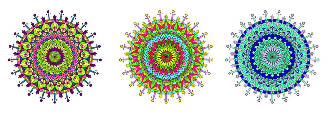 Round ornament decoration. Mandala vector design elements. Floral motif. Stylized flower. Chakra symbol for meditation yoga logo. Complex flourish weave medallion. Tattoo print