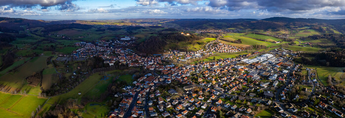 Aerial view around the city Reichelsheim in Germany. On a cloudy day in Autumn. 