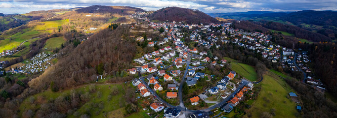 Aerial view around the city Lindenfels in Germany. On a cloudy day in Autumn. 