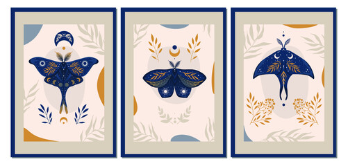 Collection of contemporary art posters in retro colors. Abstract geometric elements and strokes, leaves and butterflies. Great design for social media, postcards, print.