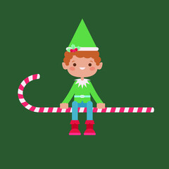 Cute Christmas elf sitting on a candy cane. Vector cartoon illustration