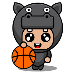 cute hippopotamus amphibian mascot costume character cartoon character playing basketball