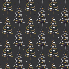 Christmas tree with decoration, stars. New year elegant decor. Winter holiday. Vector line art, doodle illustration. Seamless pattern, texture, background. Packaging design.