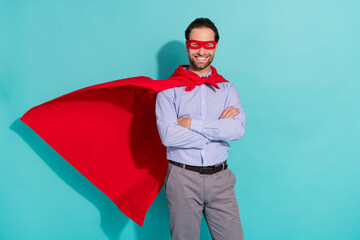 Photo of confident charismatic guy crossed hands wind blow cape wear mask purple shirt isolated...