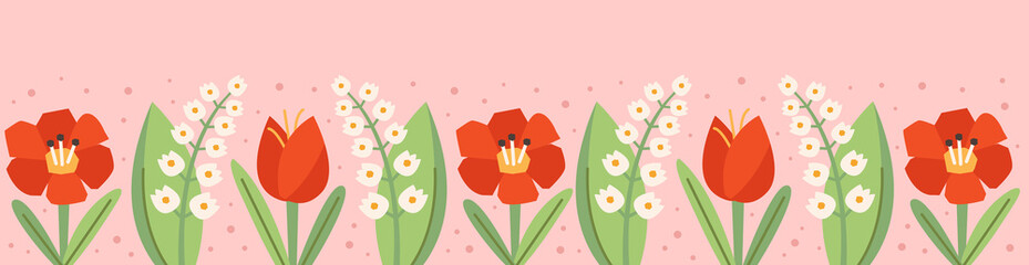 Happy Easter illustration, banner, greeting card design element. Flowers, nature. Poppy flower, snowdrop, tulip.