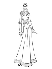 Hijab. Beautiful muslim woman in hijab with a pattern. Islamic lady in traditional clothes. Arab fashion. Young saudi girl. Vector illustration. Isolated on white background. Coloring page book