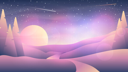 Bright purple color lights at night landscape. Flat style. View road and hills. Vector illustration. Forest on foreground. 
