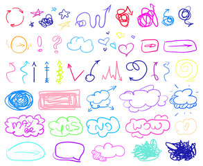 Set of colored infographic elements on isolated background. Big collection of different signs on white. Hand drawn elements. Shapes for inscriptions. Line art. Abstract circles, squares and frames