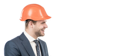 Engineering that works. Civil engineer side-face. Happy engineer in hardhat. Profile portrait